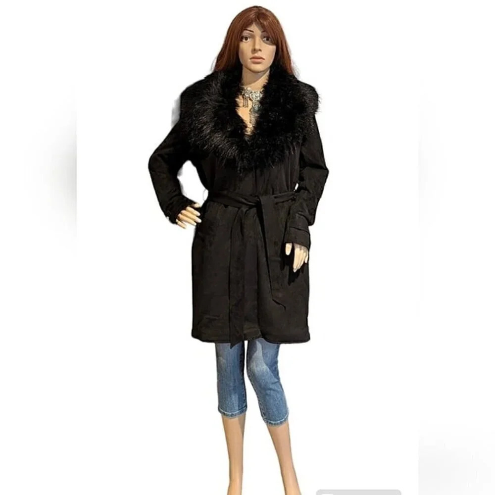 Bellivera Women Faux Leather Trench Coat Fleece-Lined Mid-length